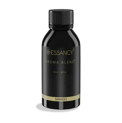 Essancy Mango Aroma Oil 500ml in sleek black bottle, eco-friendly tropical scent for home fragrance and odor elimination.