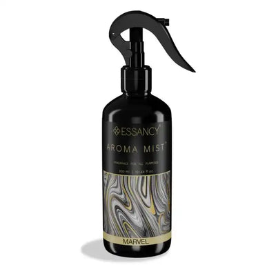 MARVEL Aroma Mist - Odor Neutralizing Air Freshener 300ml in sleek black spray bottle with gold marbled label for stylish home fragrance.