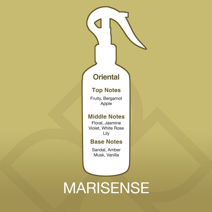 Spray bottle with oriental fragrance notes on a gold background, featuring the brand 'MARISENSE'.