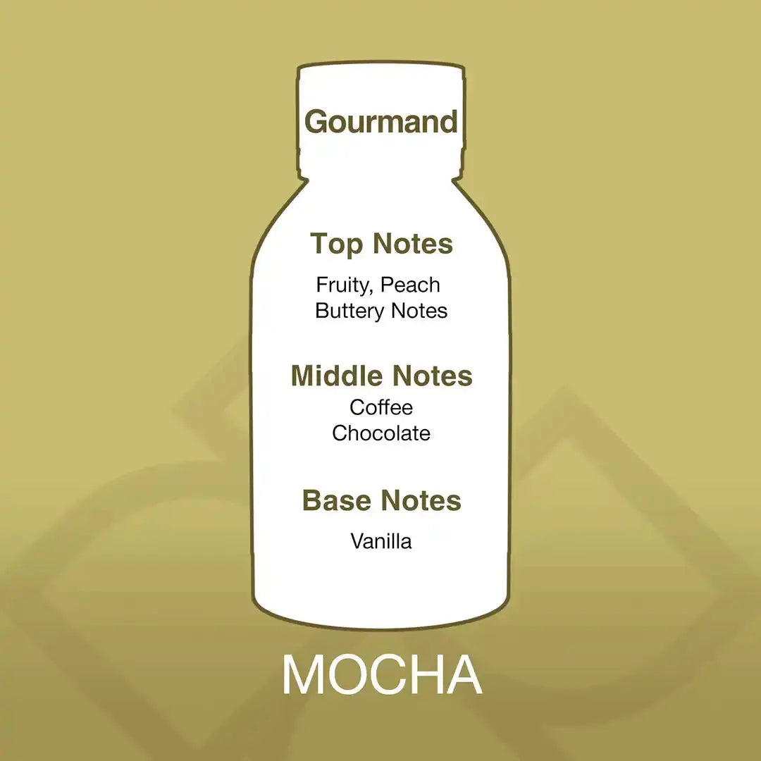 Mocha Aroma Blend scent profile chart showing fruity peach top notes, coffee and chocolate middle, and vanilla base for cozy ambiance.