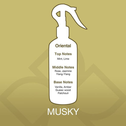 White spray bottle with fragrance notes on a gold background