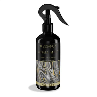 Night Life Air Freshener Spray 300ml by Essancy with sleek black and gold design, ideal for vibrant evening freshness in home spaces.