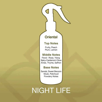 Fragrance profile of Night Life Air Freshener Spray showing oriental notes with fruity, floral, and musky base for a sophisticated scent.