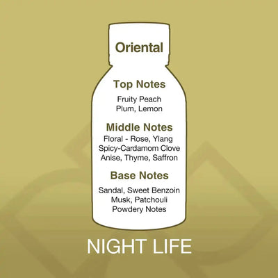 Fragrance profile of Night Life Aroma Blend showing oriental notes with fruity, floral, spicy, and musky layers for home ambiance.