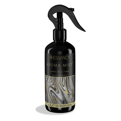 Oud Mobakher Air Freshener Spray – Deep Oud by Essancy in a sleek black 300ml bottle with marbled label, ideal for luxury home fragrance.