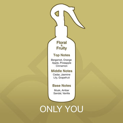 White spray bottle with fragrance notes on a gold background