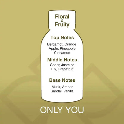 Only You Aroma Blend fragrance oil note chart showing top notes of bergamot and pineapple, middle notes of cedar and jasmine, and base of vanilla.