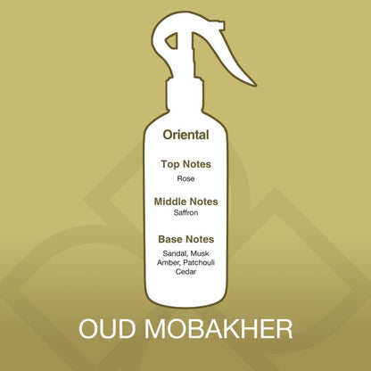 White spray bottle with fragrance notes on a gold background, featuring the brand 'Oud Mobakher'.