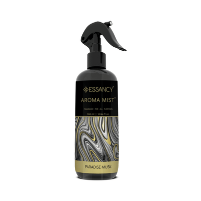 Paradise Musk Room Spray UAE – Premium Aroma Mist 300ml in a sleek black and gold bottle with abstract design, ideal for home fragrance use.