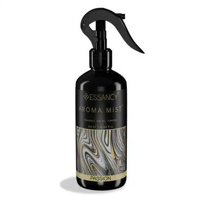 Passion Aroma Mist Room Perfume 300ml in a sleek black spray bottle with marbled label design, ideal for energizing home spaces.