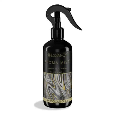 Precious Oud Air Freshener Spray by Essancy in a 300ml black bottle with gold marbled label, ideal for luxury home fragrance.