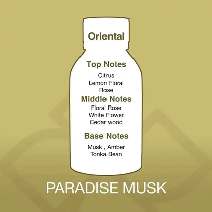 Fragrance profile of Paradise Musk Aroma Blend showing citrus, rose, cedarwood, musk, and amber notes in an oriental scent.