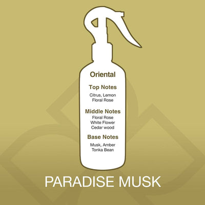 Fragrance breakdown of Paradise Musk Room Spray UAE – Premium Aroma Mist 300ml showing citrus, floral, and musky scent layers.
