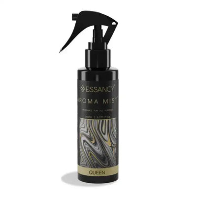 Queen Aroma Mist Air Freshener 150ml by Essancy in a sleek black spray bottle with gold and marble design, ideal for home fragrance use.