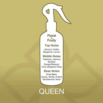 Queen Aroma Mist fragrance notes chart showing almond, rose, vanilla, and musk blend for a floral and fruity home scent experience.