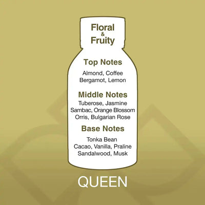 Queen Aroma Blend – Elegant Aroma Oil Diffuser for Home with floral and fruity scent notes including almond, jasmine, and sandalwood.