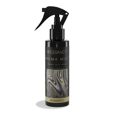 Aroma Mist 150ml - Romantic Air Freshener with exotic fruit and floral scent in sleek black spray bottle for home fragrance use.