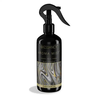 Santamon Aroma Mist Room Spray 300ml in a sleek black bottle with gold marbled design, ideal for home air freshening and decor enhancement.