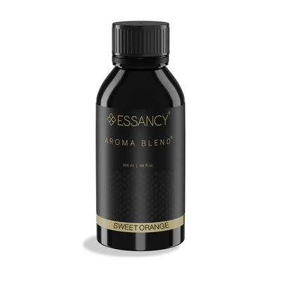 Sweet Orange Aroma Blend 500ml by Essancy in sleek black bottle, ideal fragrance diffuser oil for home or office with vibrant citrus scent.