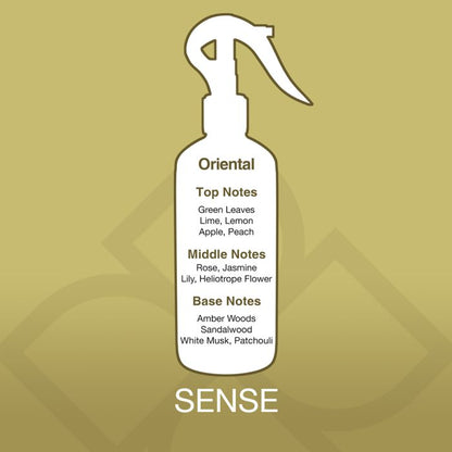 Spray bottle with fragrance notes on a gold background