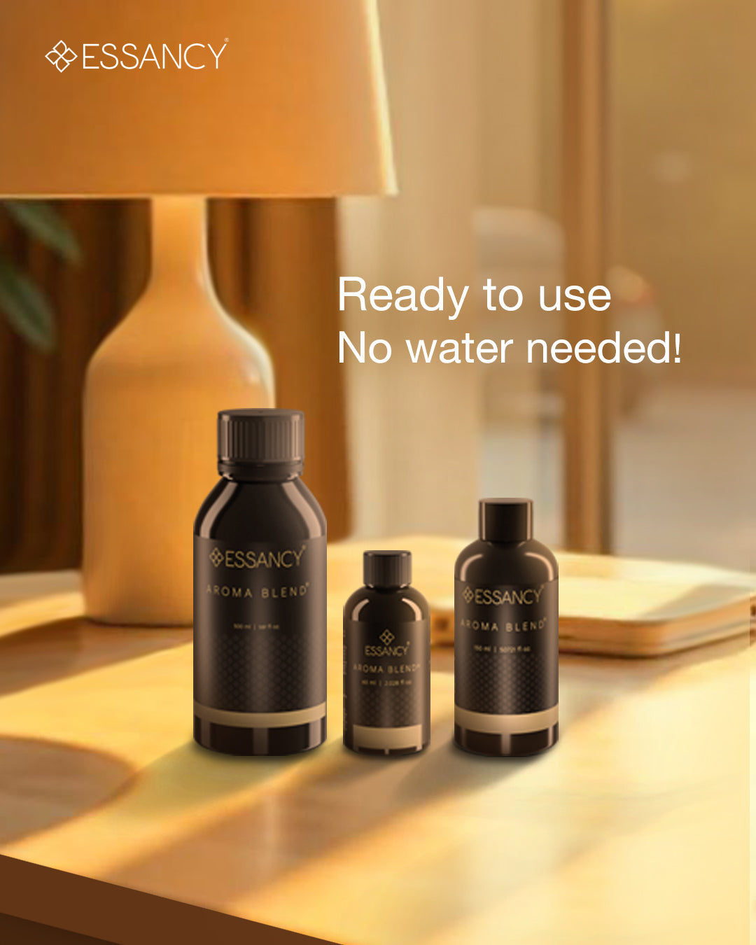 Essancy aroma blend bottles on a table with warm lighting