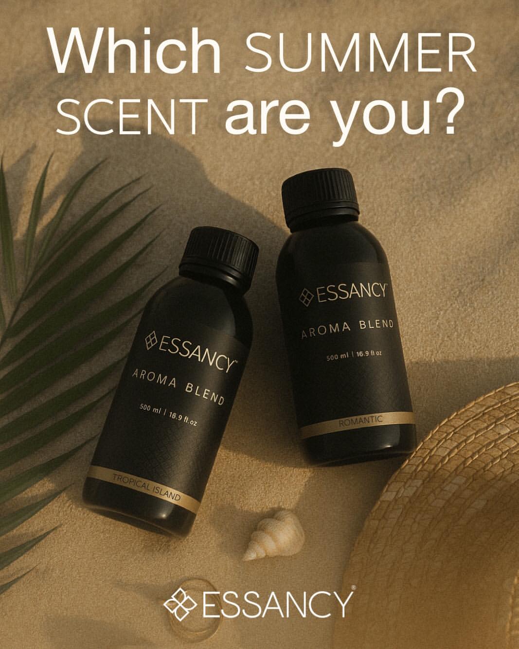 Two black bottles of Essancy Aroma Blend on a sandy surface with palm leaves and a shell, featuring the text 'Which Summer Scent are you?'.