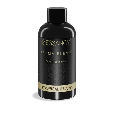 Essancy Tropical Island Aroma Blend 150ml fragrance oil in sleek black bottle, ideal for home diffuser use with fruity and floral scent notes.