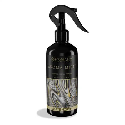 White Horse Aroma Mist Room Perfume 300ml in sleek black spray bottle with marbled label design, ideal for home air freshening.