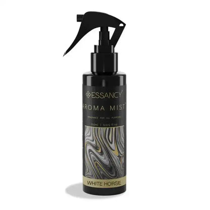 White Horse Aroma Mist Air Freshener 150ml room spray in a sleek black and gold bottle, ideal for elegant home fragrance and freshness.