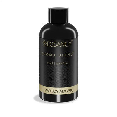 Essancy Woody Amber Aroma Blend 150ml fragrance oil in black bottle, perfect for revitalizing home spaces with a warm, elegant aroma.