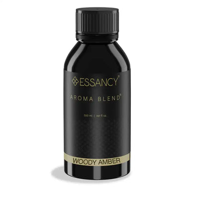 Essancy Woody Amber Aroma Blend 500ml fragrance oil in sleek black bottle, ideal for elegant home ambiance and eco-friendly scent diffusion.