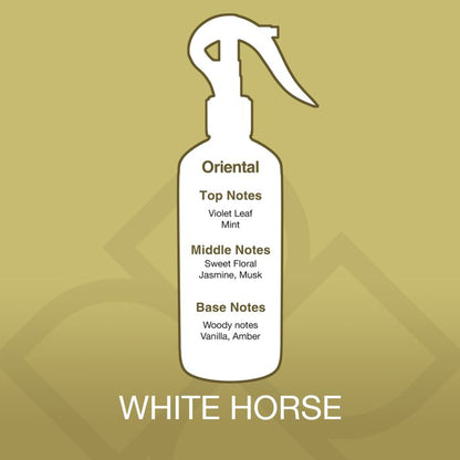 White horse spray bottle with fragrance notes on a gold background