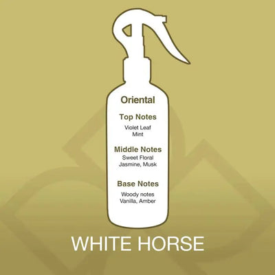 Fragrance profile of White Horse Aroma Mist Air Freshener 150ml showing oriental scent with violet leaf, mint, jasmine, musk, vanilla, and amber.