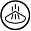 This symbol typically representssteam" or "steamed food." It is often used on packaging or appliances to indicate that the item is suitable for steaming, contains steamed food, or involves a steaming process. The icon shows a stylized food item (often resembling a dumpling or bun) with steam lines rising above it.