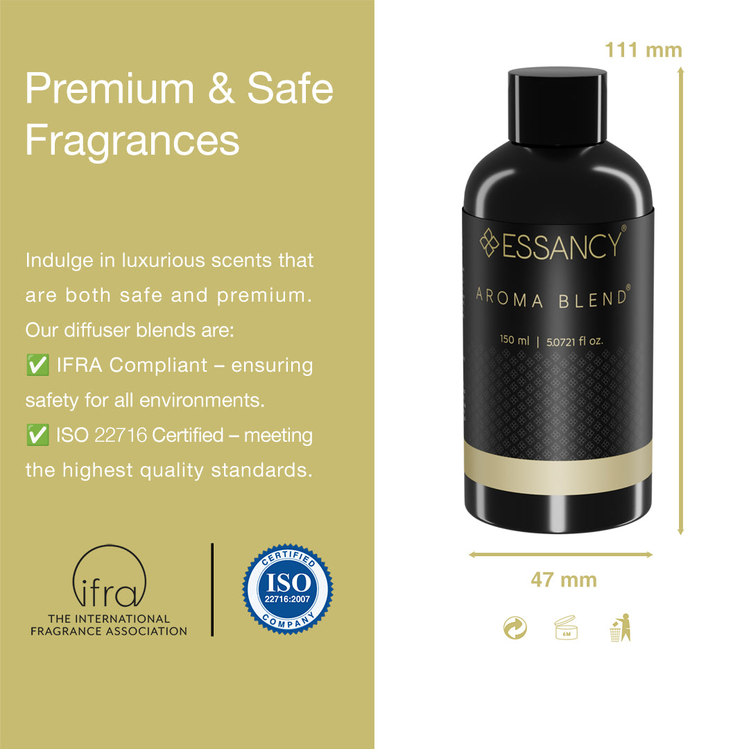 Essancy Aroma Blend diffuser bottle with certification logos on a beige background