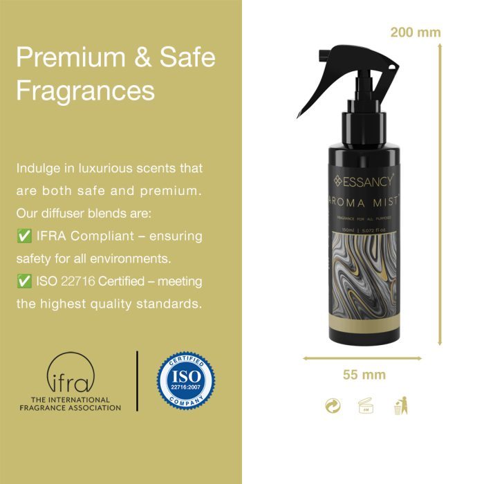 Fragrance diffuser bottle with certification logos on a beige background
