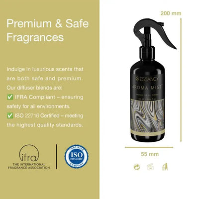 Premium and safe Aroma Mist Air Freshener - Lavender Scent 300ml with IFRA and ISO certifications, featuring product dimensions and compliance info.