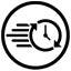 The image shows a black and white icon of a clock with circular arrows around it, symbolizing time or fast processing. Speed lines on the left suggest rapid movement or quick turnaround.
**Alt text:** Fast time or quick processing icon with clock and speed lines in a circular outline.