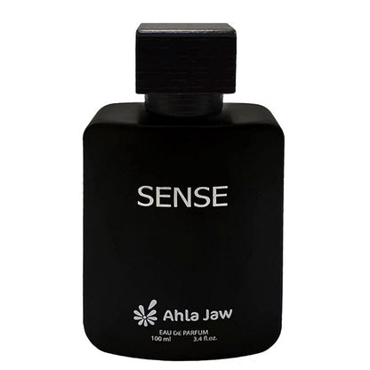 Black perfume bottle labeled 'Sense' by Ahla Jaw on a white background