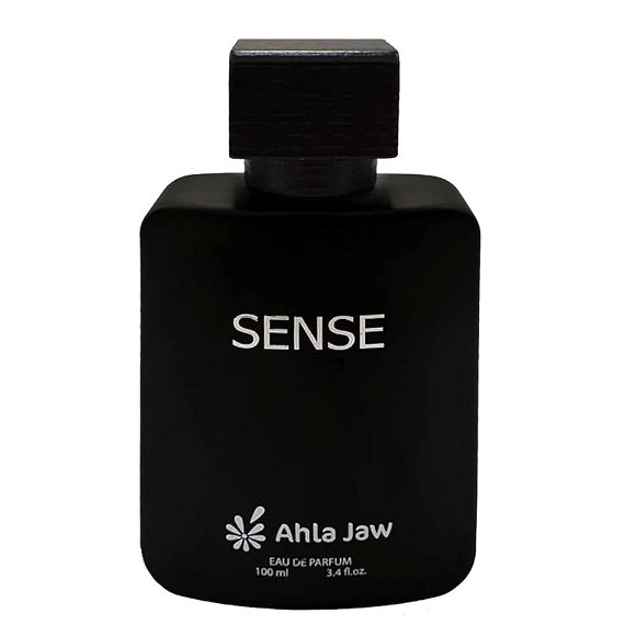 Black perfume bottle labeled 'Sense' by Ahla Jaw on a white background