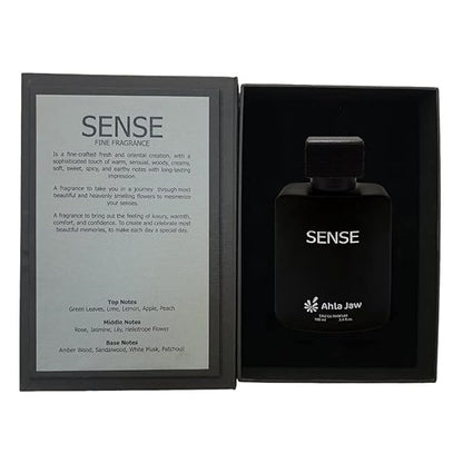 Black perfume bottle with 'Sense' branding and packaging on a white background